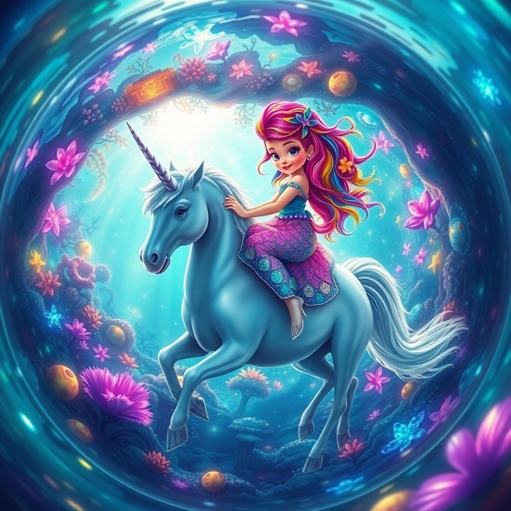 AI generated art for prompt: An enchanting digital artwork captures a magical scene where a young mermaid with vibrant multicolor