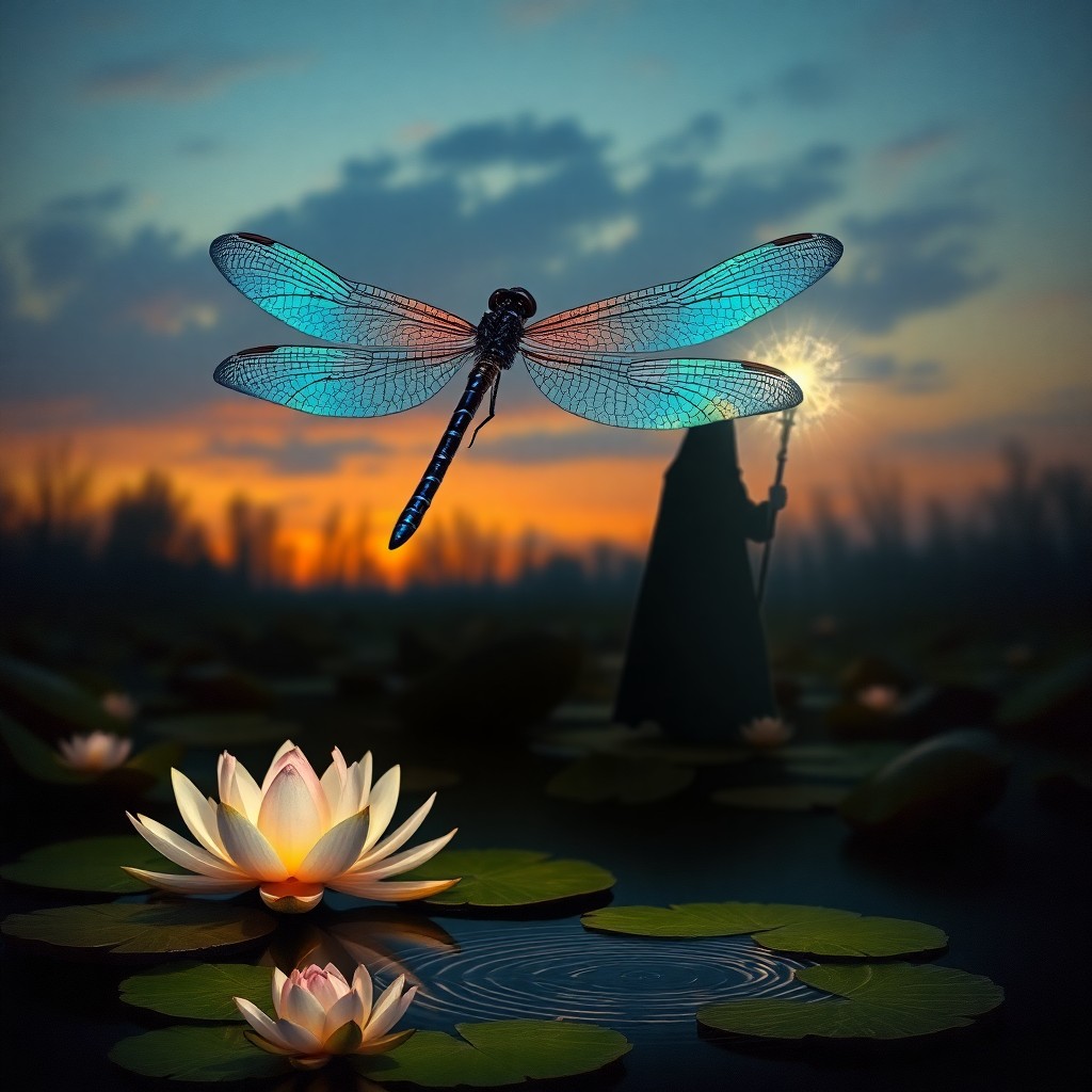 AI generated art for prompt: A majestic dragonfly with iridescent wings reflecting prismatic hues hovers gracefully above a seren