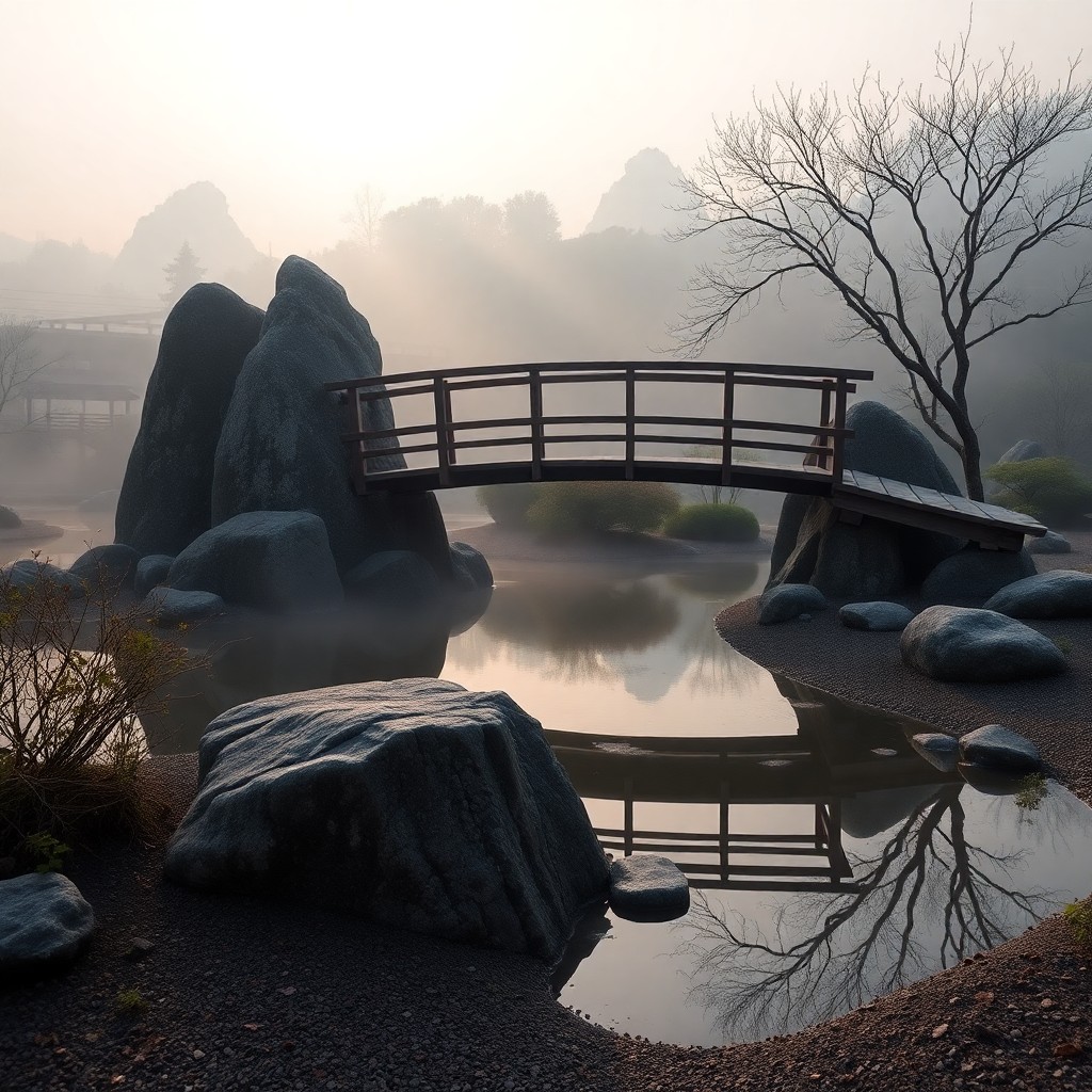 AI generated art for prompt: Imagine a tranquil, early morning in a Japanese Zen garden, captured through an artist's distinctive