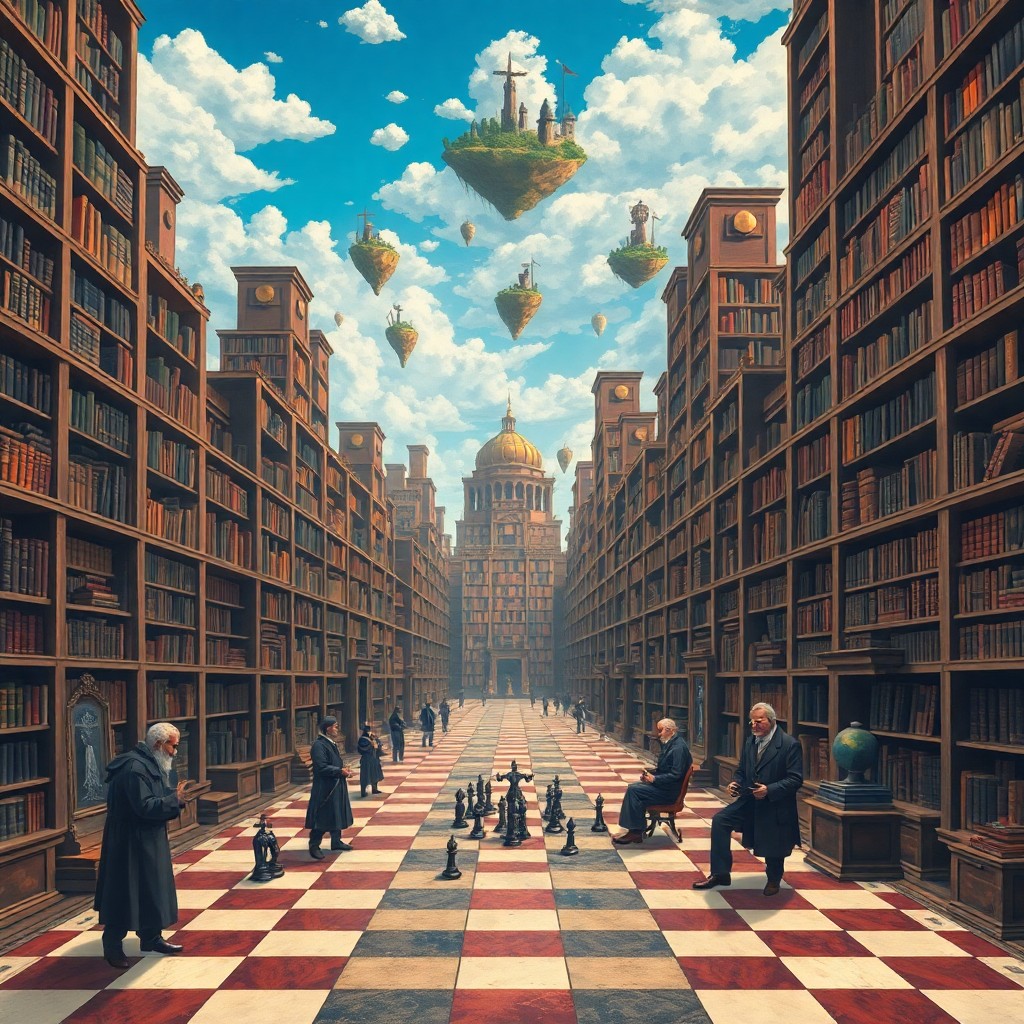 AI generated art for prompt: A mesmerizing surrealist illustration depicting an ancient library with towering bookcases extending