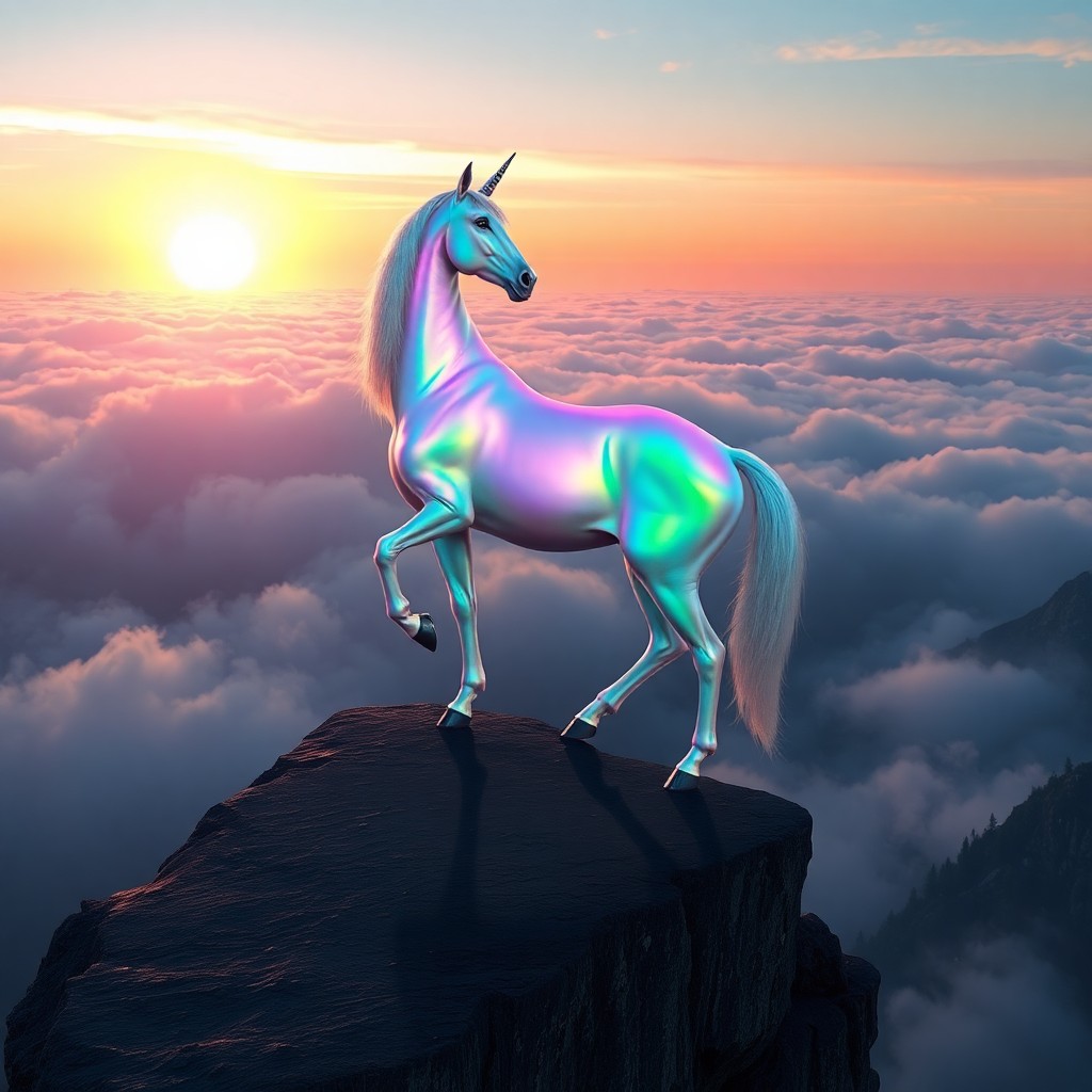 AI generated art for prompt: In this enchanting digital art piece, a mythical unicorn stands poised on an edge overlooking an aby