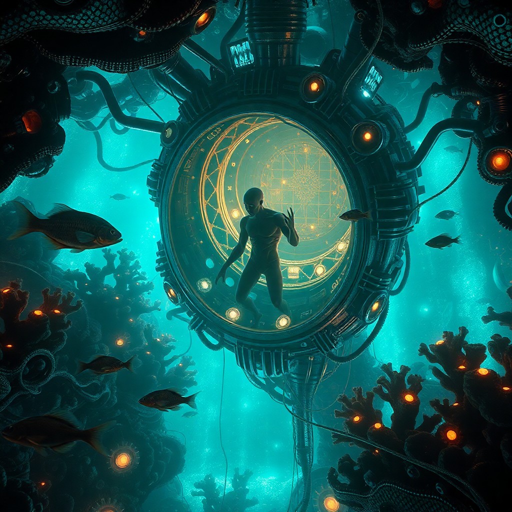 AI generated art for prompt: Craft an image portraying a surreal underwater metropolis inspired by the biomechanical artistry, sh