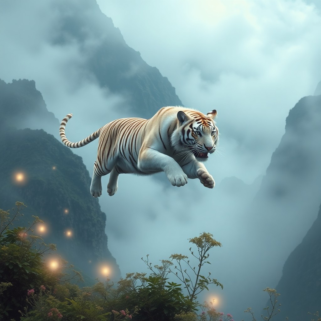 AI generated art for prompt: A surreal digital artwork in photorealistic style portrays a white tiger mid-pounce amidst a misty m