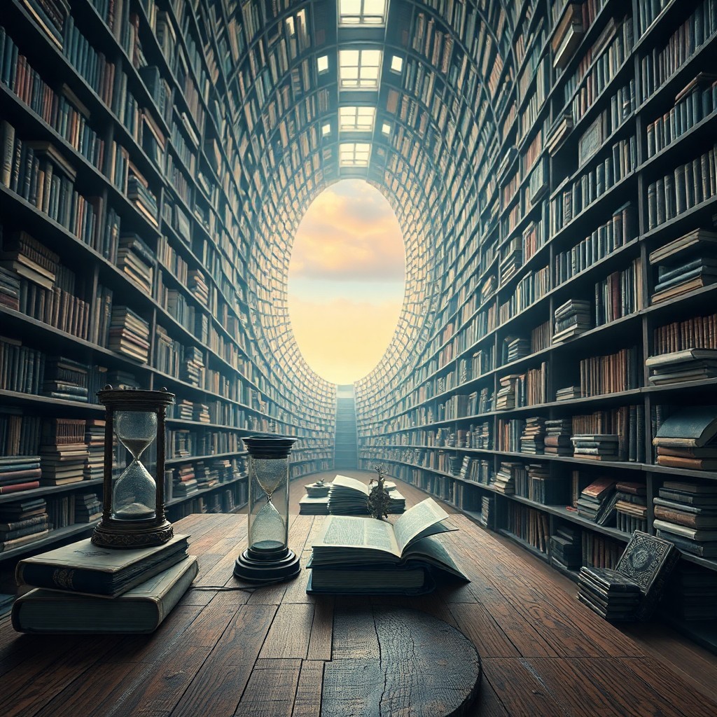 AI generated art for prompt: Craft an image depicting a grandiose library with towering shelves extending into infinity, reminisc