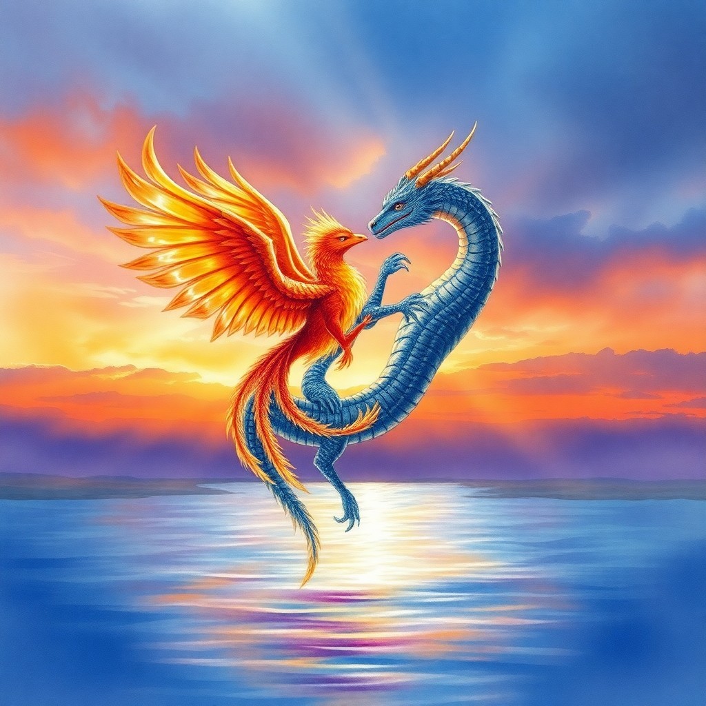 AI generated art for prompt: Envision an enchanting watercolor scene depicting a celestial ballet between a regal phoenix and an 