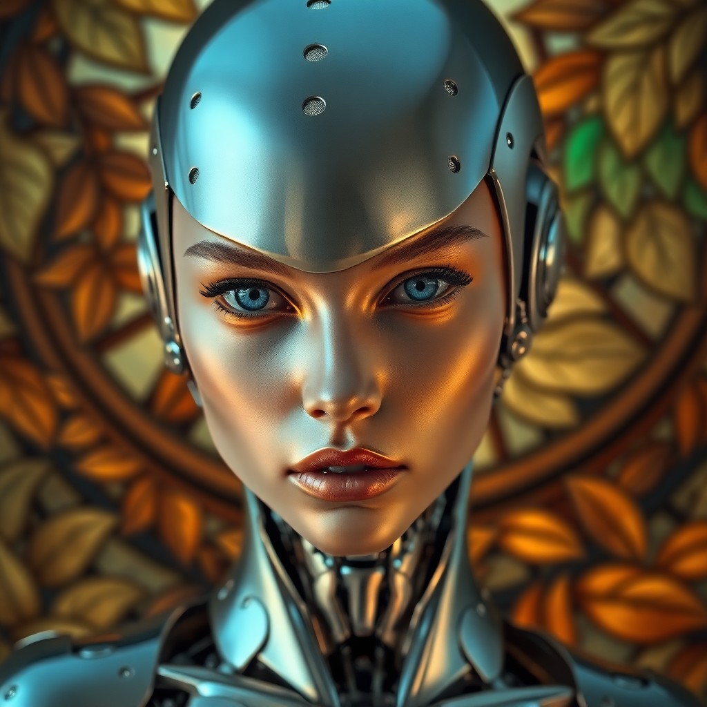 AI generated art for prompt: A futuristic cyborg portrait blending human and mechanical elements is rendered in photorealistic de