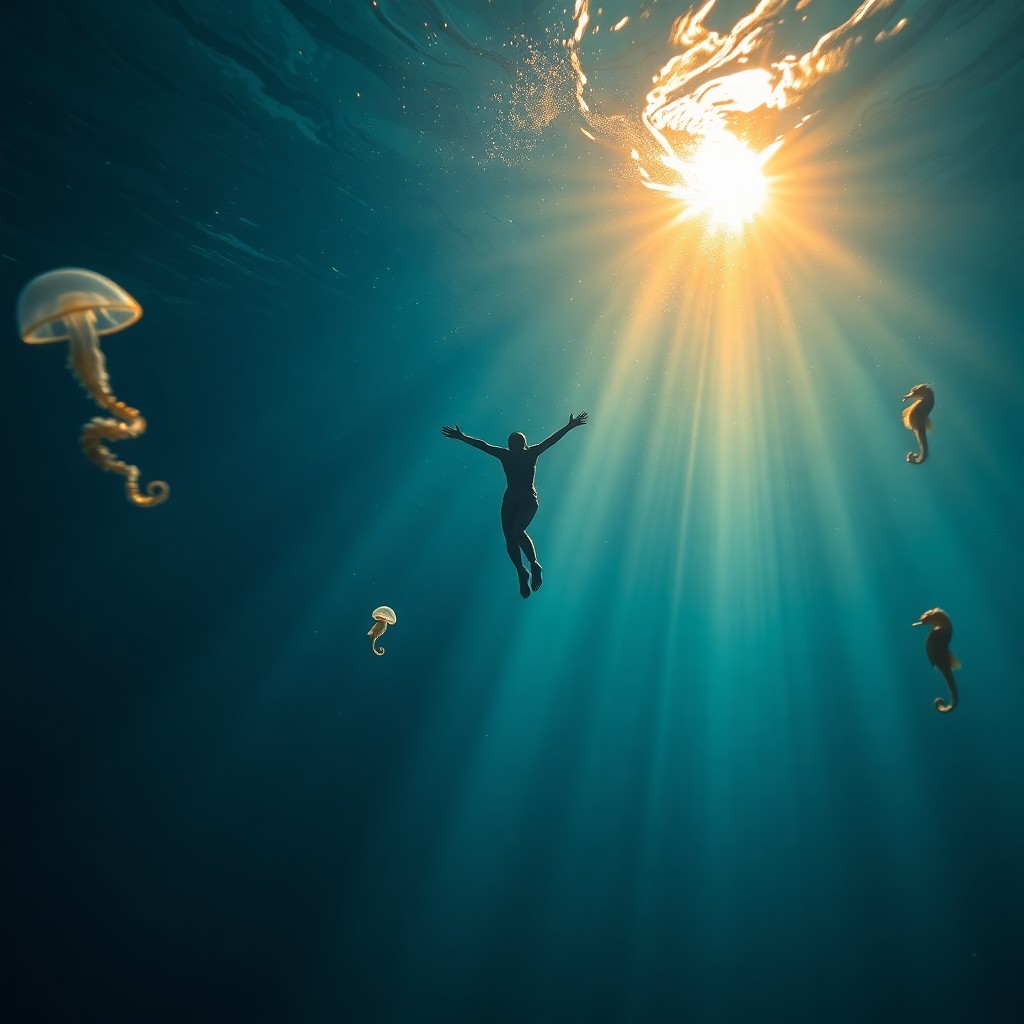 AI generated art for prompt: A serene yet haunting underwater scene is depicted in this photorealistic digital illustration, insp