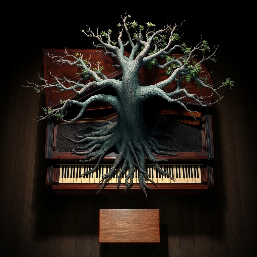 AI generated art for prompt: In a surreal tableau reminiscent of Magritte's iconic works, an antique piano serves as the unexpect