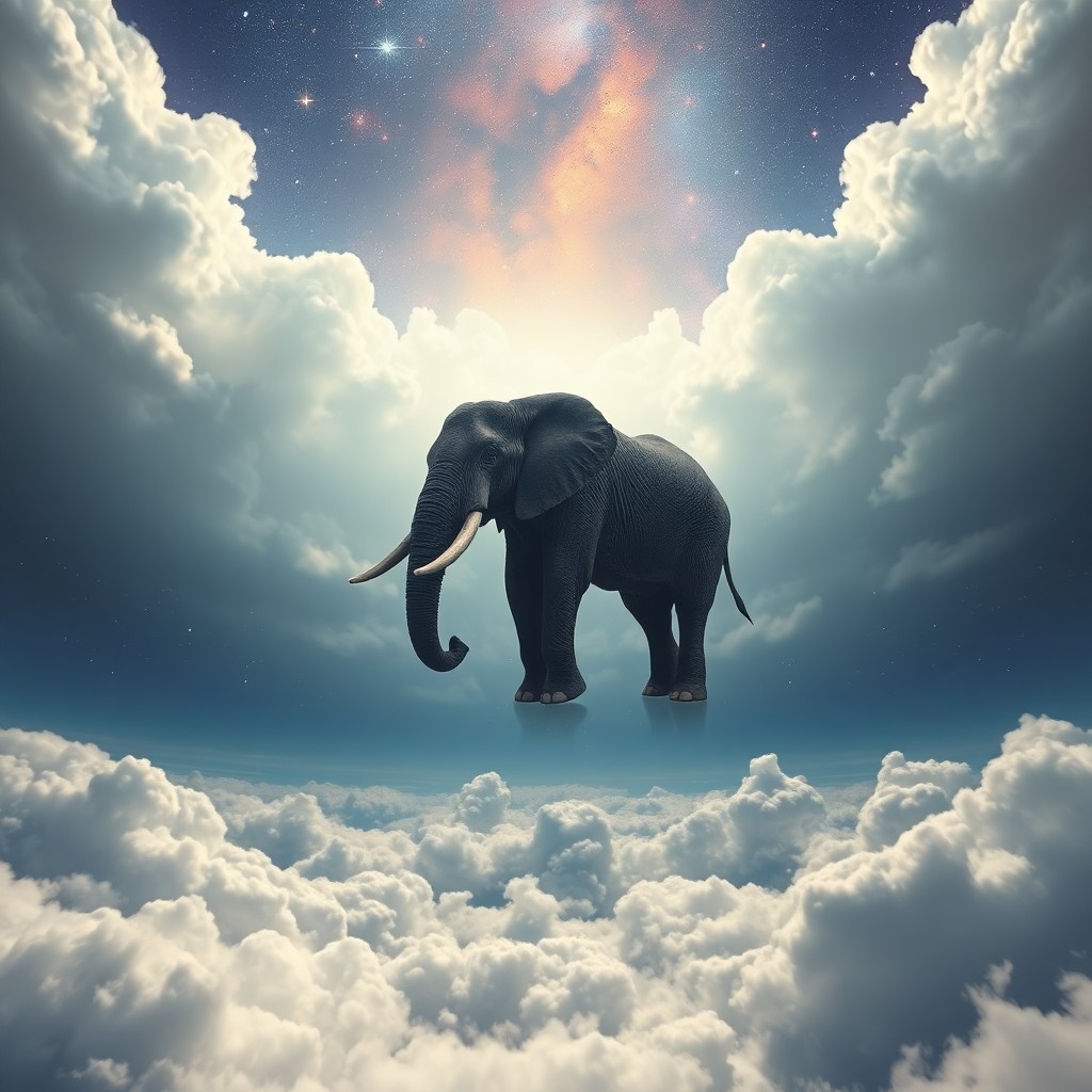 AI generated art for prompt: Envision a surreal landscape where an elephant floats majestically amidst clouds and galaxies, remin