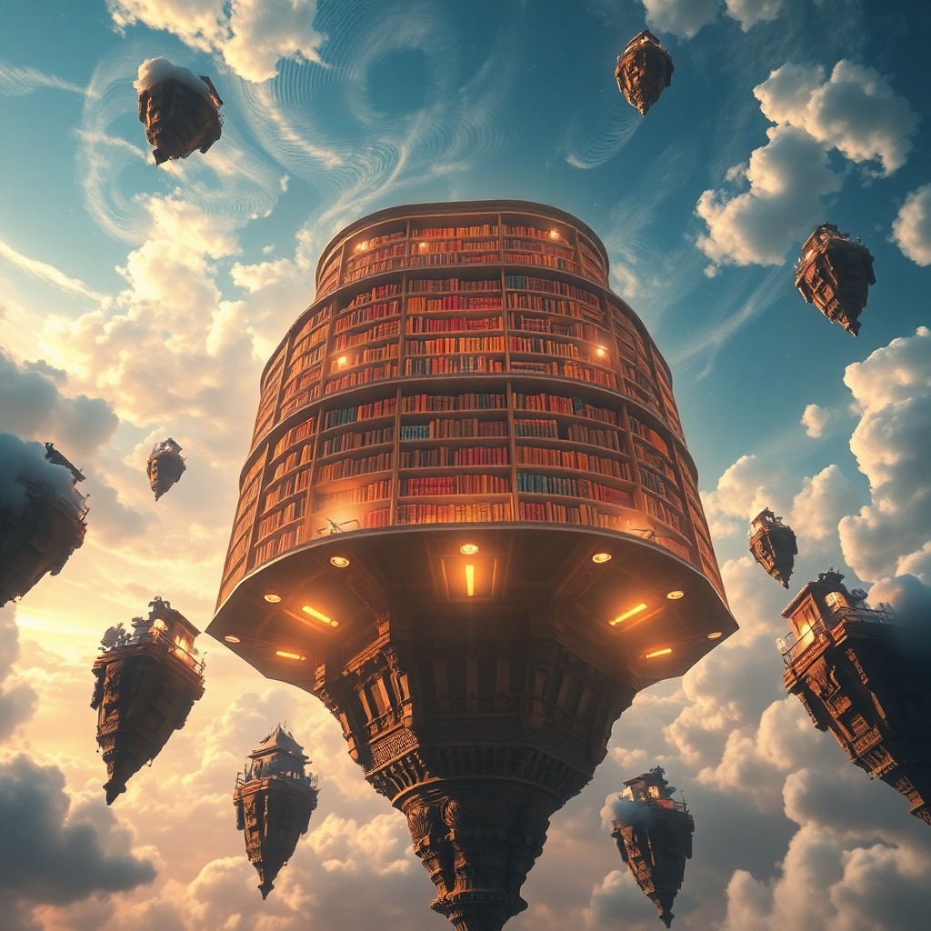 AI generated art for prompt: Envision a dreamlike digital artwork depicting an awe-inspiring library levitating in mid-air amidst