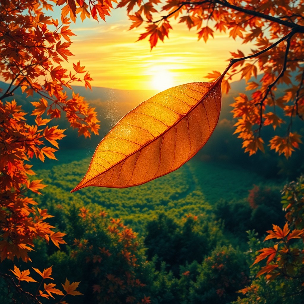 AI generated art for prompt: An autumnal vista bathed in the warm glow of sunset is captured from an unconventional viewpoint - a