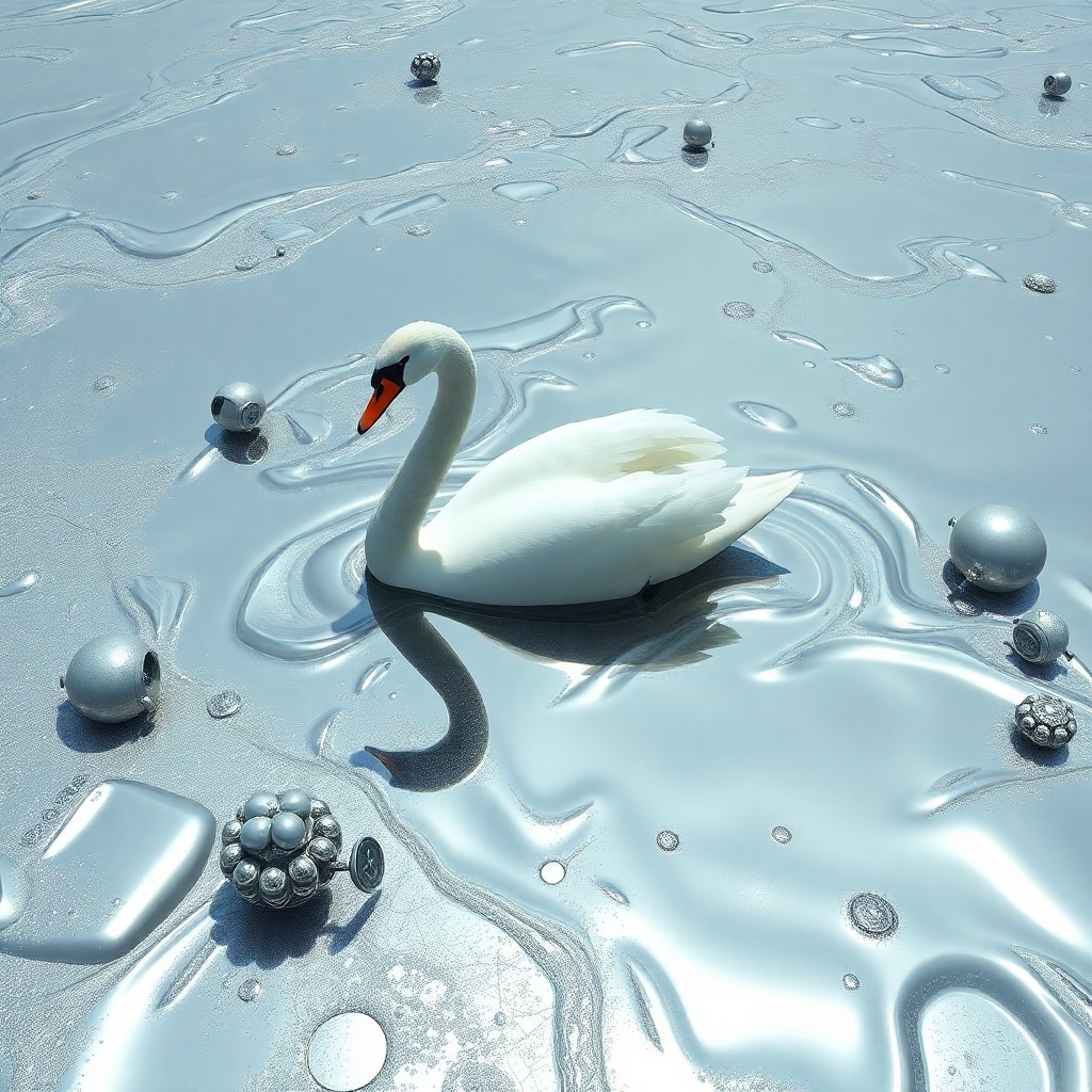 AI generated art for prompt: Visualize an otherworldly, dreamlike landscape where a grand white swan gracefully traverses a pond 