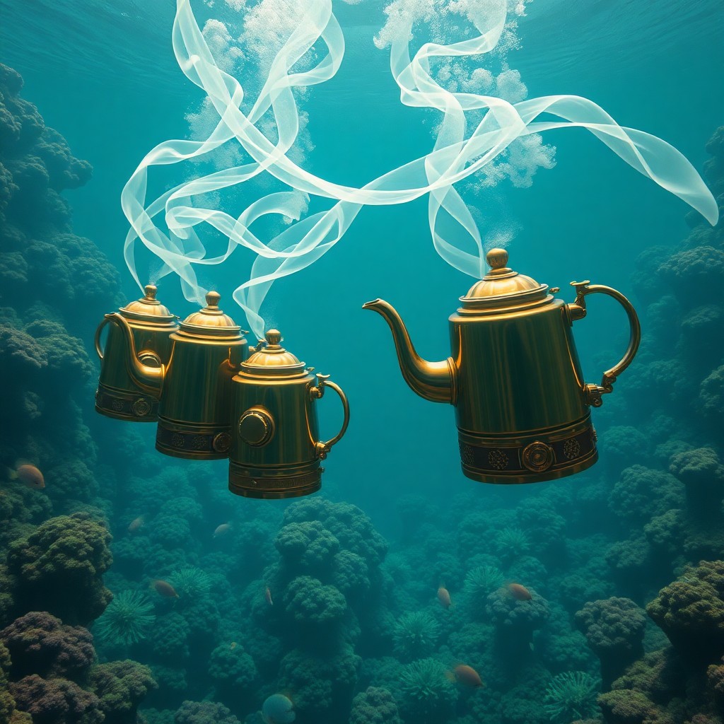 AI generated art for prompt: A surreal digital art scene showcases an underwater ballet featuring a chorus line of animated tea k