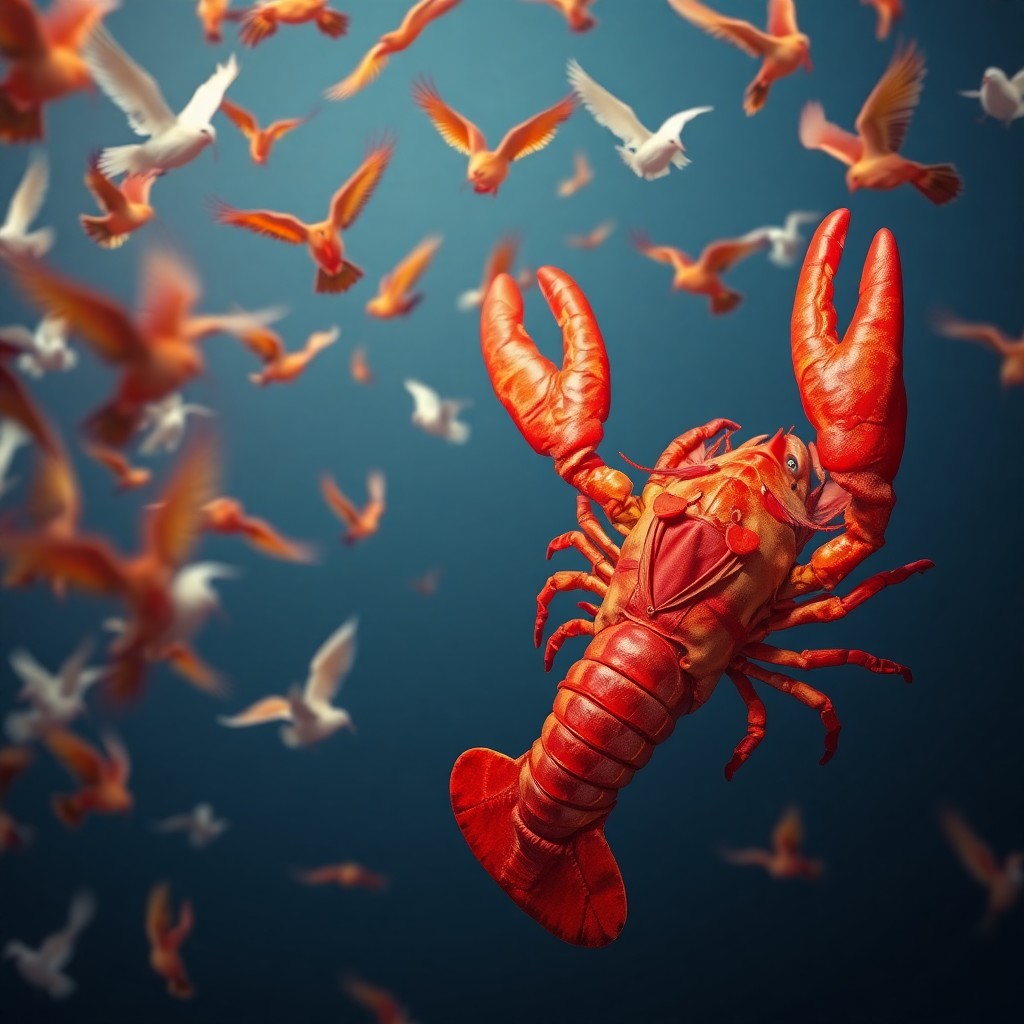 AI generated art for prompt: A surreal digital artwork captures an enigmatic scene where an anthropomorphic lobster adorned in fo