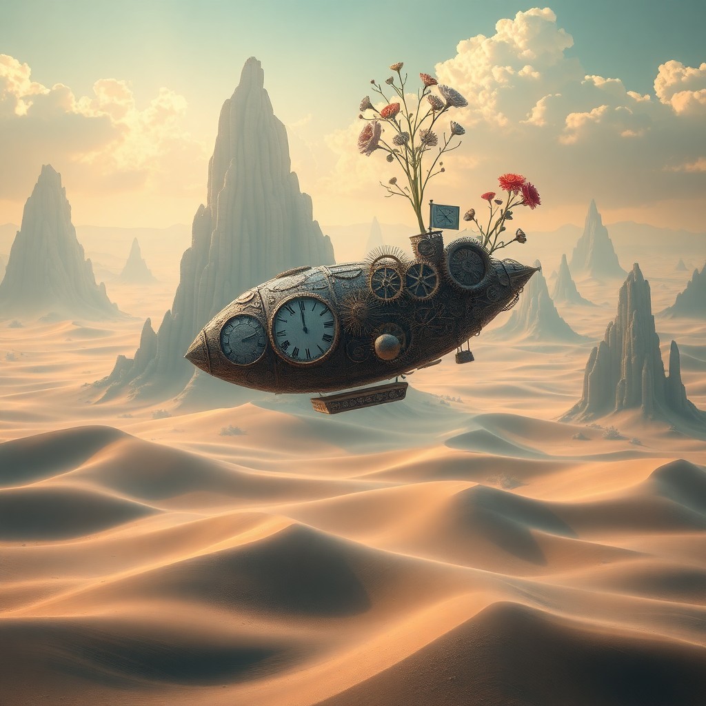 AI generated art for prompt: In the surrealistic style reminiscent of Dali's dreamscapes, visualize an ethereal landscape where t