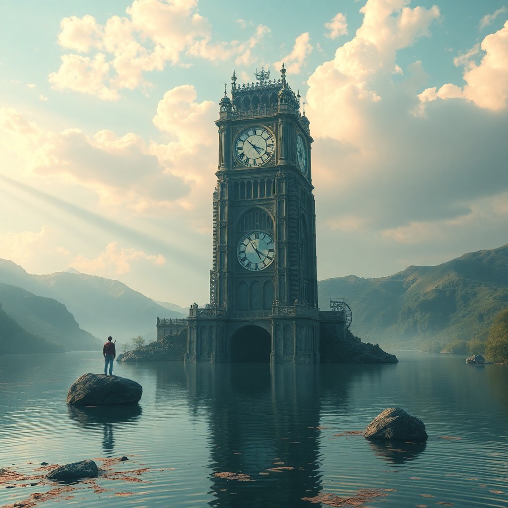 AI generated art for prompt: A surreal digital art scene depicting a colossal tower rising from a serene lake, as seen from an ov