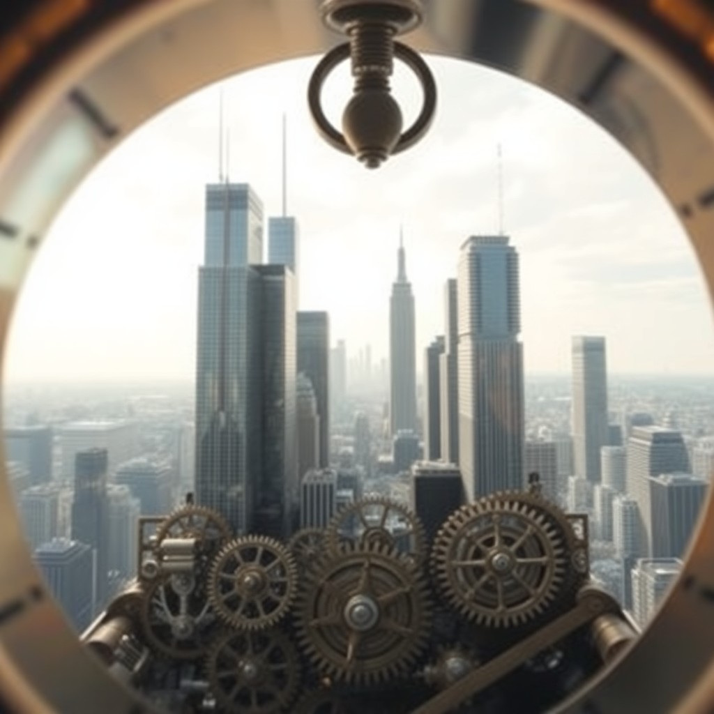 AI generated art for prompt: A surreal image depicts an otherworldly cityscape viewed from within a colossal pocket watch mechani