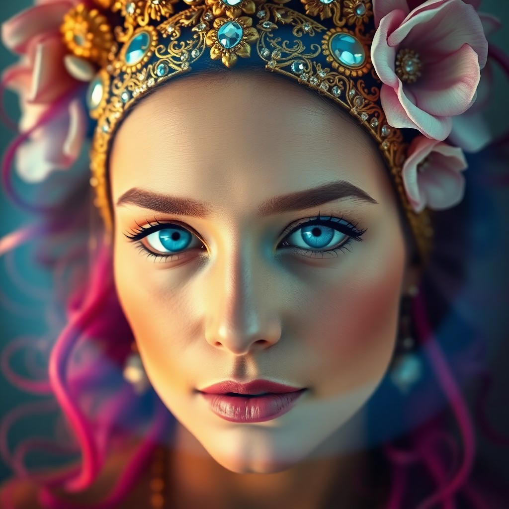 AI generated art for prompt: A dreamlike portrait showcases a woman with mesmerizing blue eyes and vibrant, flower-like hair tend