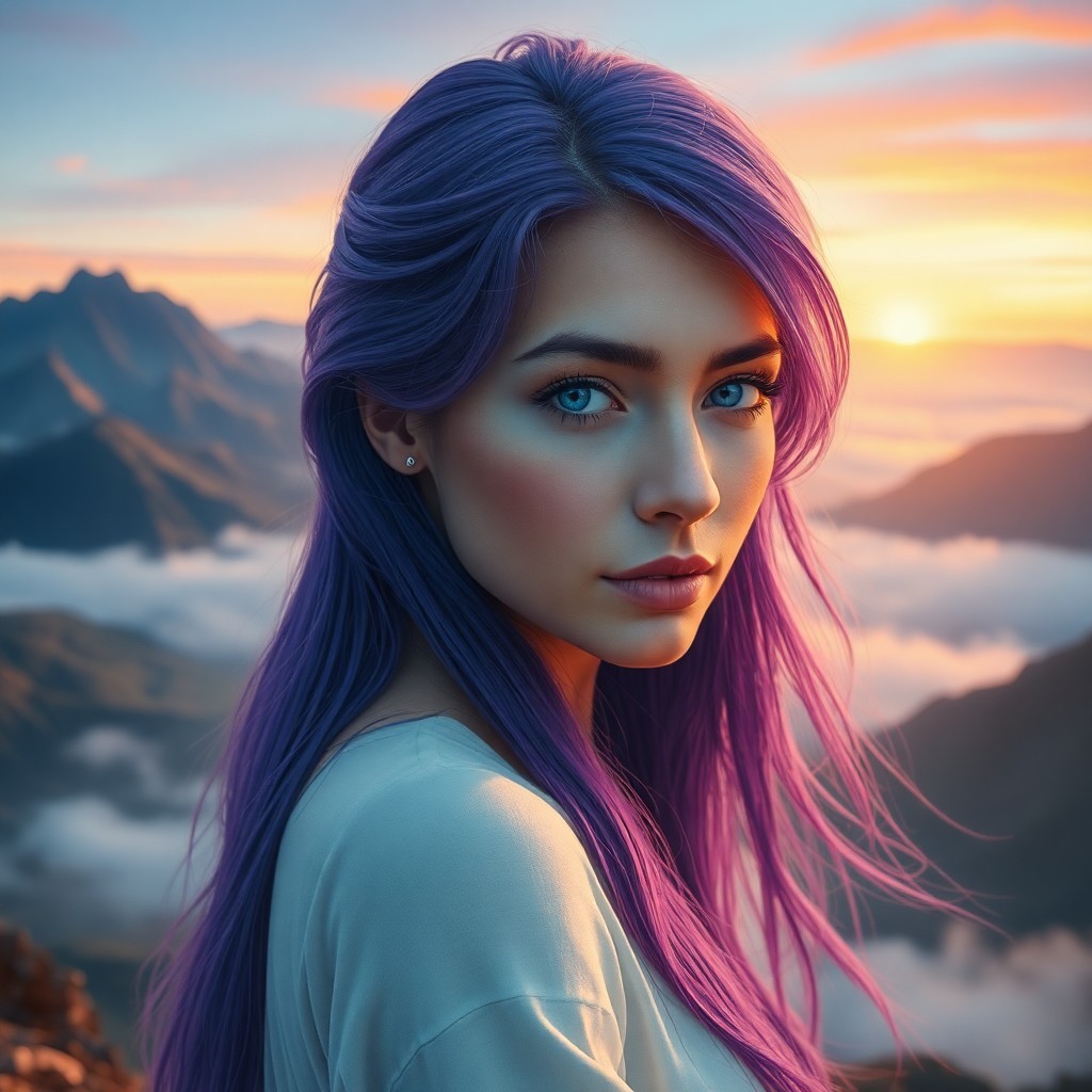 AI generated art for prompt: Envision an enchanting digital art portrait of a woman with striking purple hair flowing down her ba