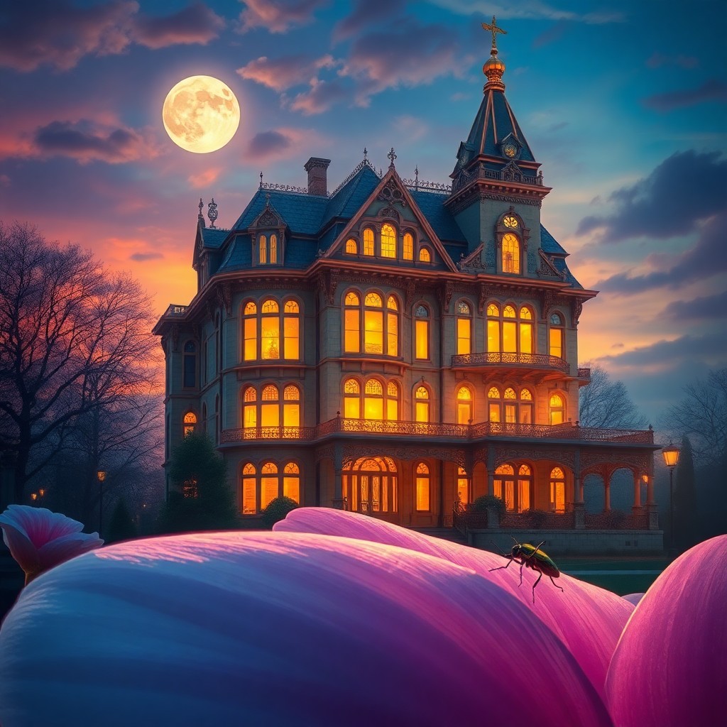 AI generated art for prompt: Envision an enchanting, impressionistic scene depicting a grand Victorian mansion bathed in twilight