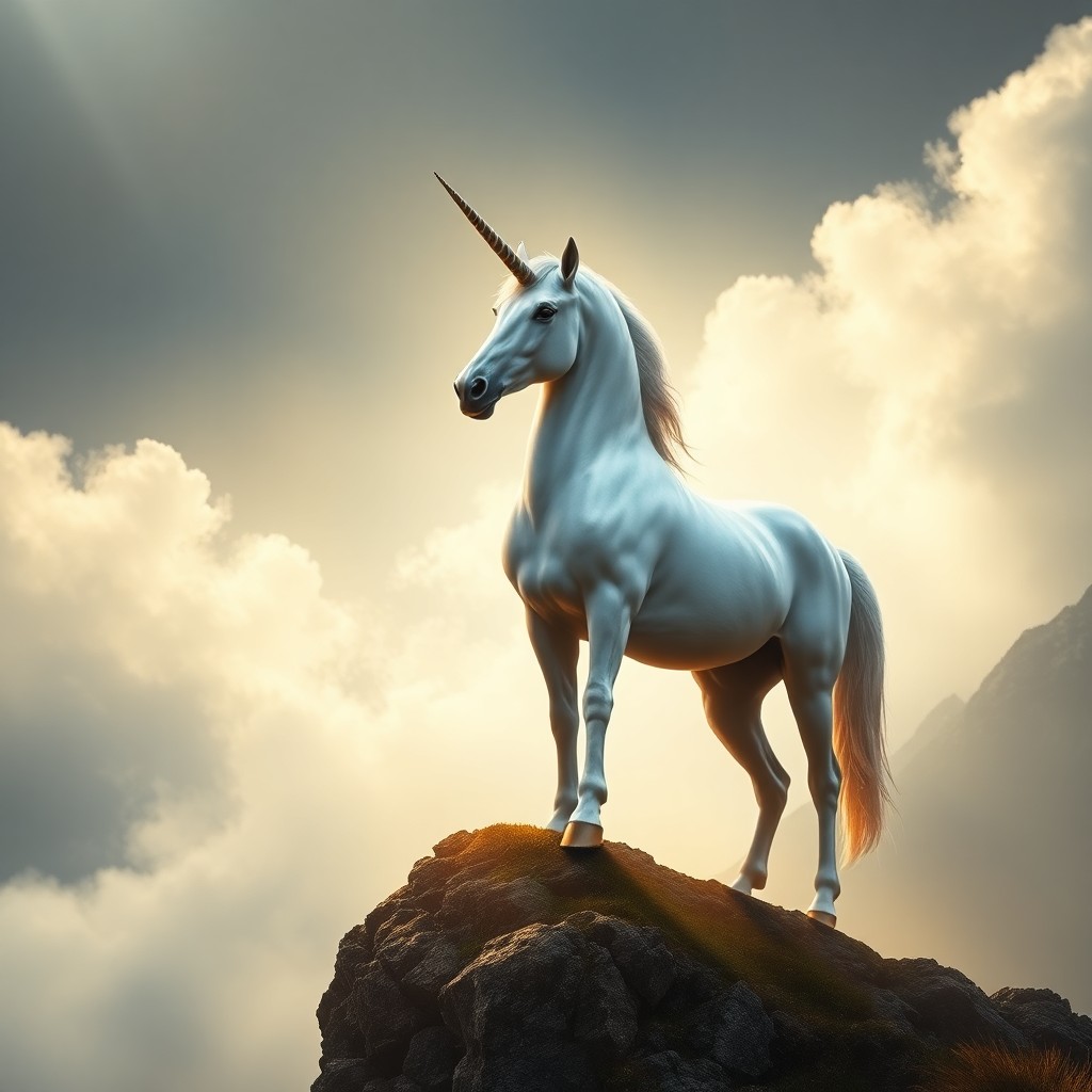 AI generated art for prompt: A majestic unicorn stands atop a misty mountain peak, its ethereal form captured in the distinctive 