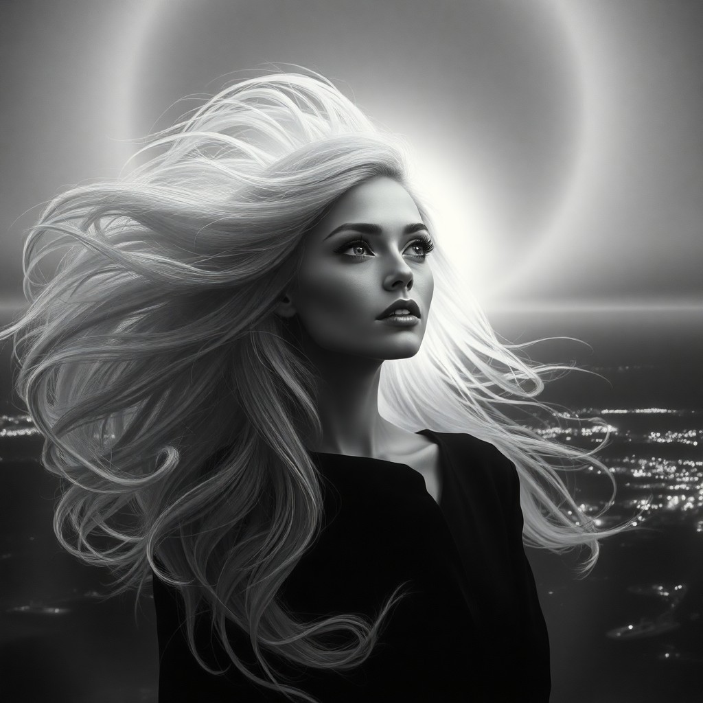 AI generated art for prompt: A portrait of an enigmatic woman with flowing argent hair shrouded in a radiant, luminous aura is ca