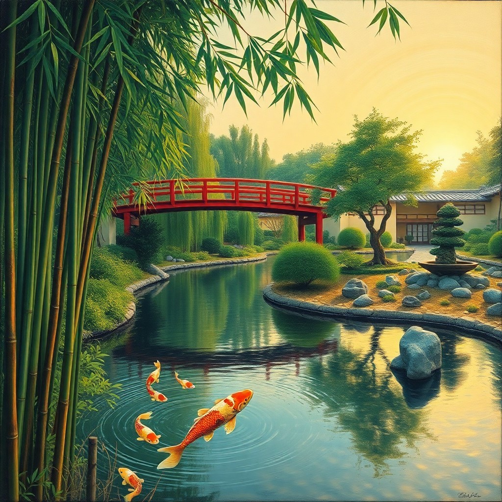 AI generated art for prompt: Imagine an oil painting that captures the essence of van Gogh's style, portraying a tranquil Japanes