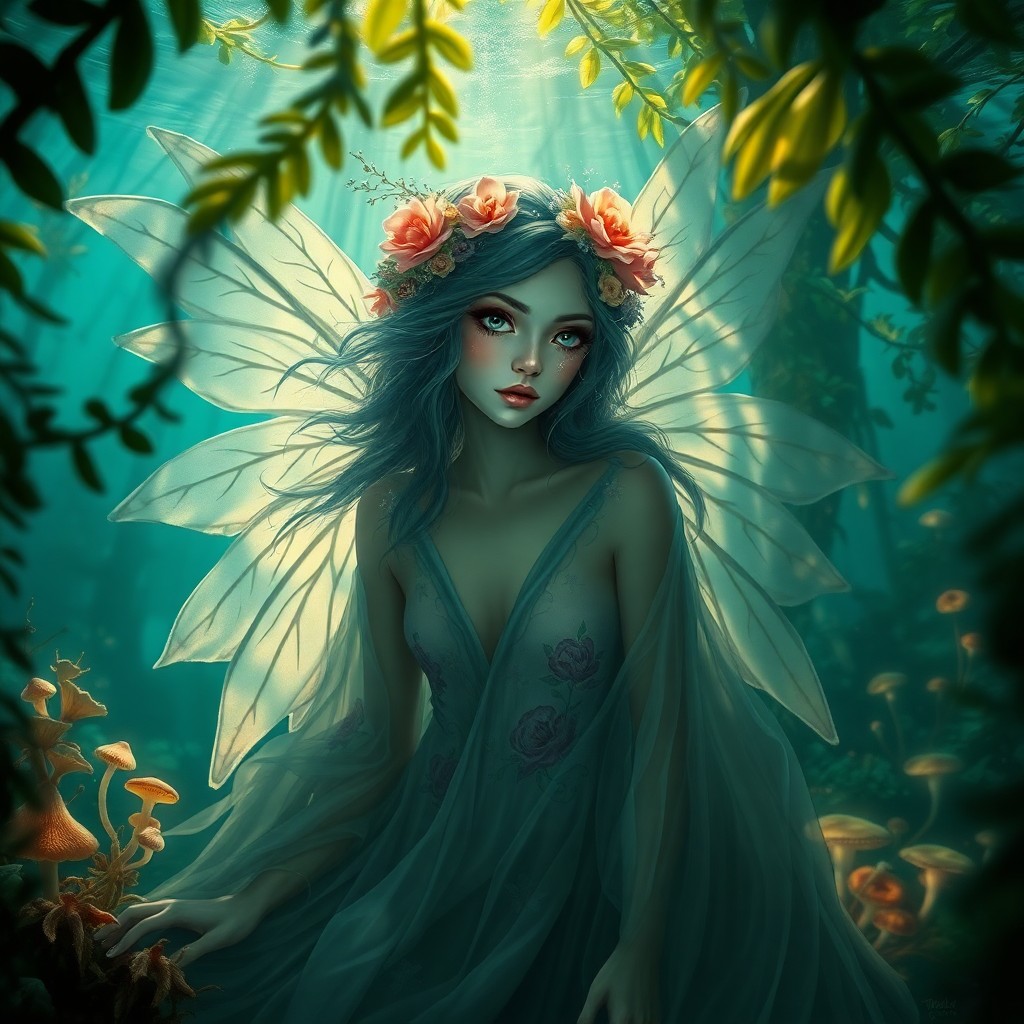AI generated art for prompt: A captivating digital portrait captures an enigmatic forest spirit with translucent wings and delica