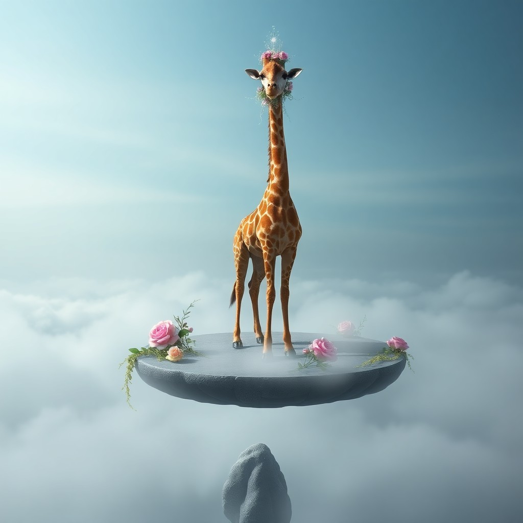 AI generated art for prompt: A surreal digital artwork captures the essence of dreamlike landscapes, depicting a majestic giraffe