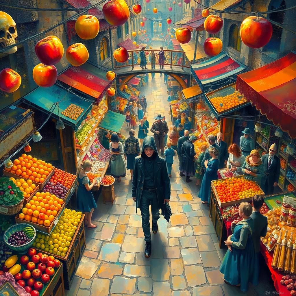 AI generated art for prompt: A whimsical impressionistic painting captures a vibrant medieval marketplace from an aerial viewpoin