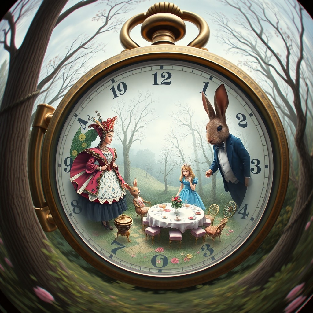 AI generated art for prompt: An enchanting digital art piece, reminiscent of surrealism, features a whimsical scene from Alice in