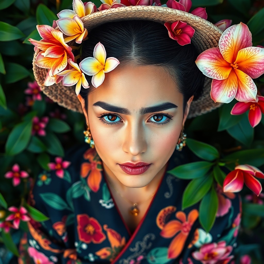 AI generated art for prompt: Imagine a photorealistic portrait capturing the essence of Frida Kahlo's self-portraits, portraying 