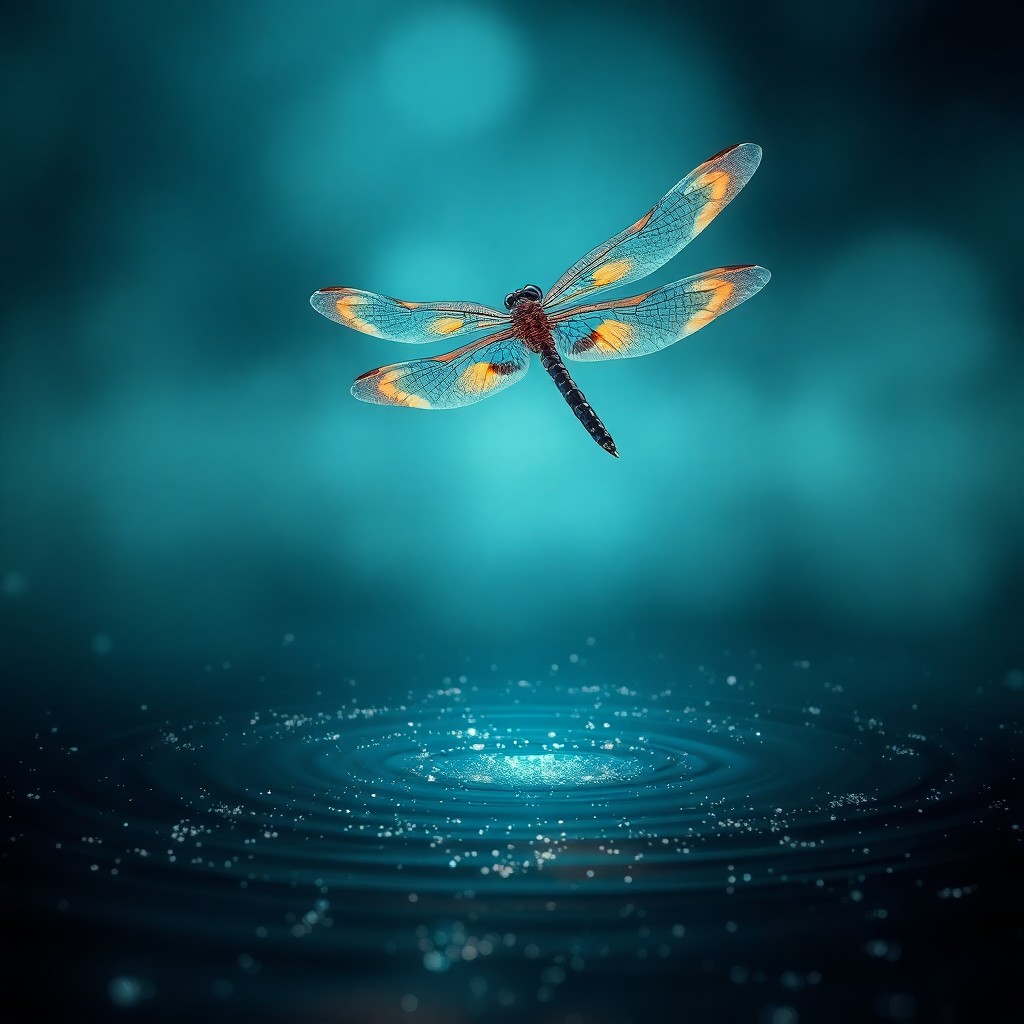 AI generated art for prompt: A captivating digital artwork portrays an enchanting dragonfly in mesmerizing flight above a tranqui