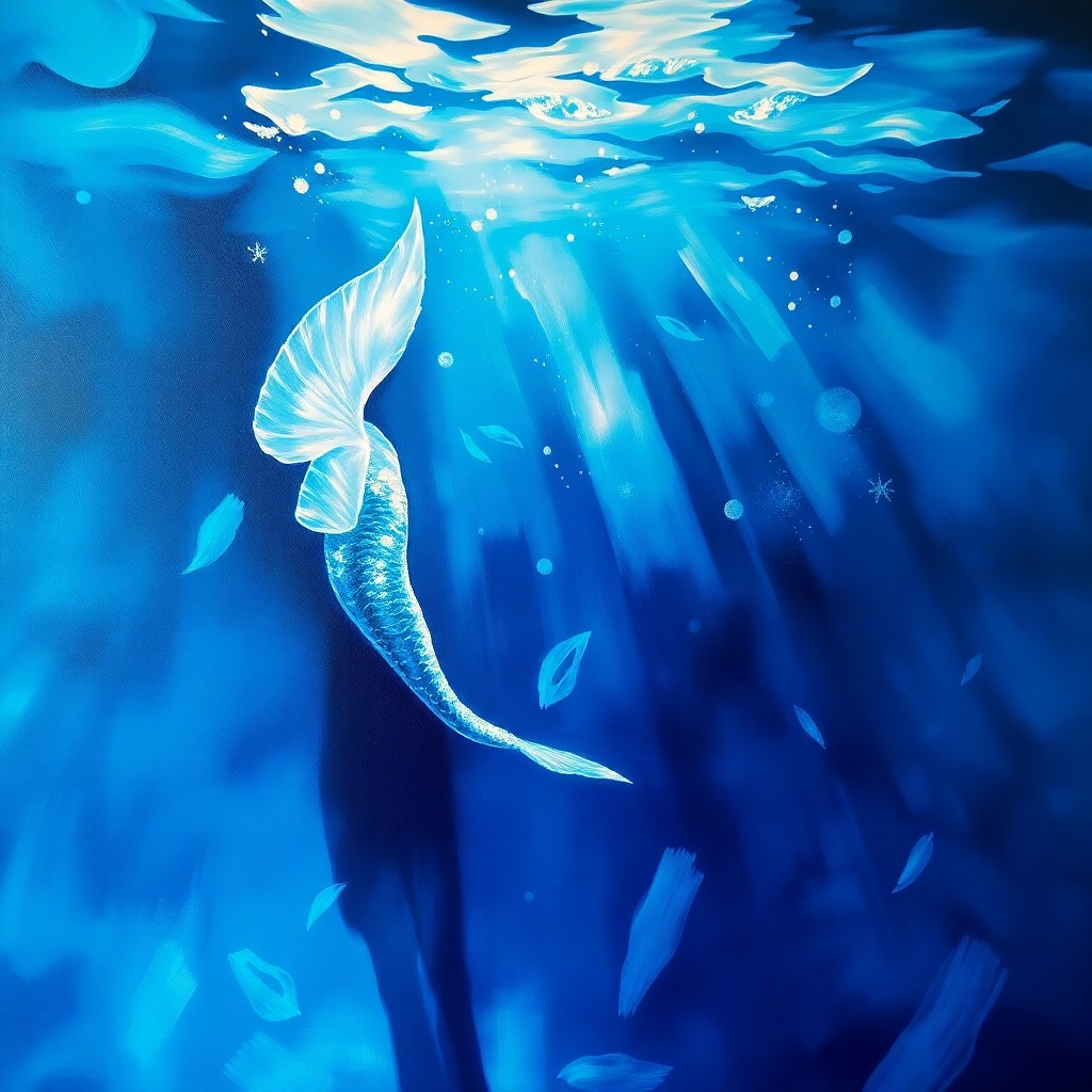 AI generated art for prompt: A mesmerizing oil painting captures an underwater scene with serene yet haunting beauty, reminiscent