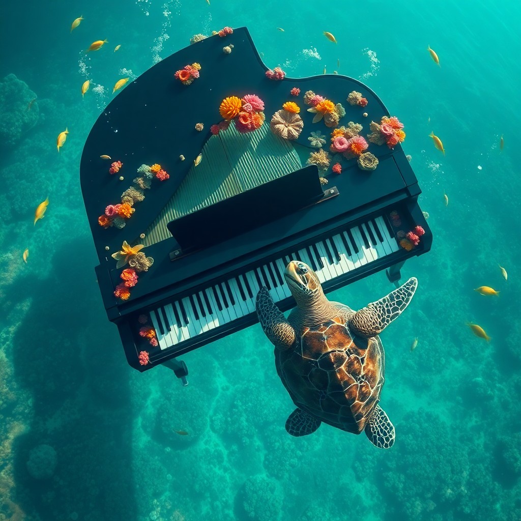 AI generated art for prompt: Craft an image depicting a grand piano submerged underwater, adorned with vibrant coral and tropical