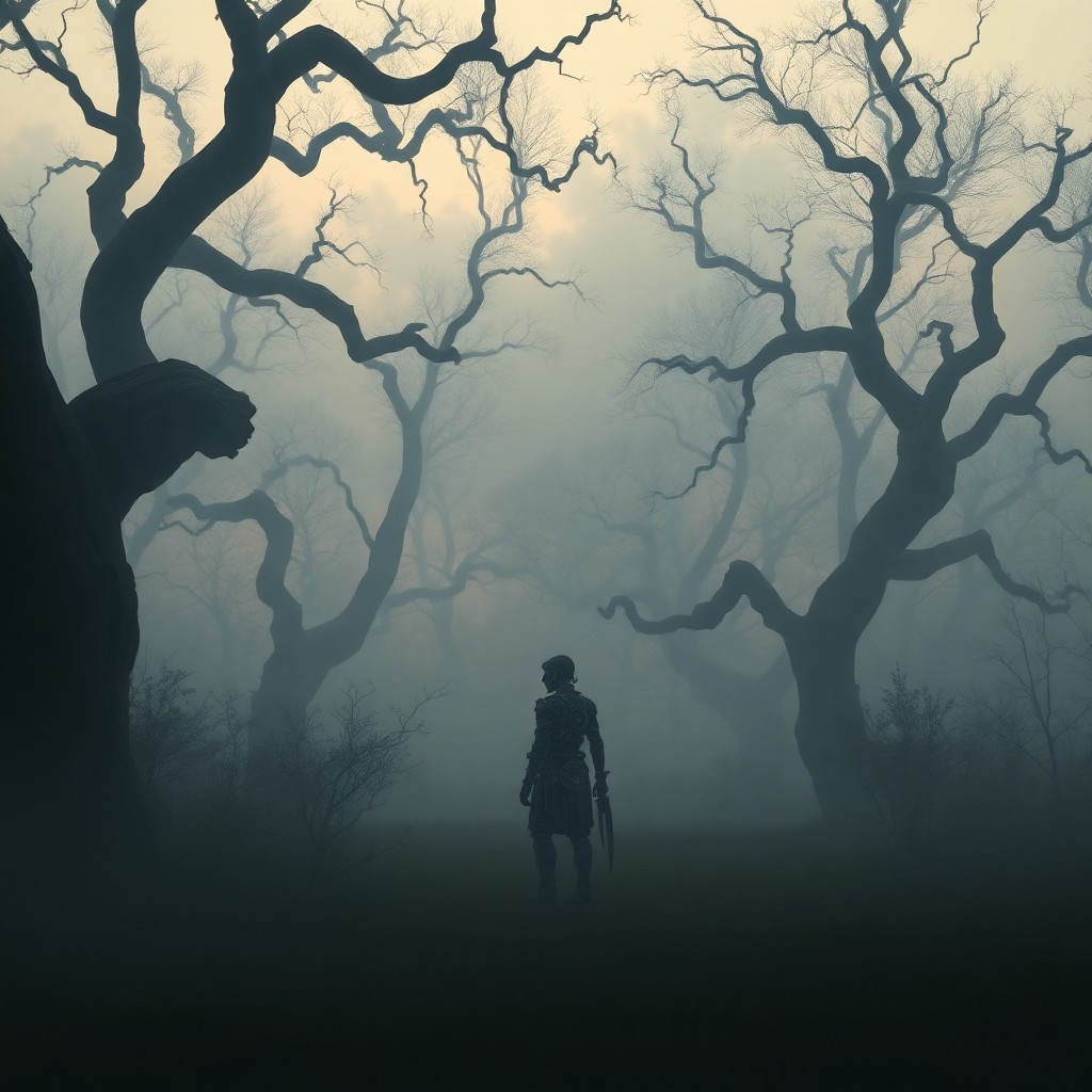 AI generated art for prompt: A surreal digital artwork depicting a solitary figure in a mist-covered forest clearing at dusk. The