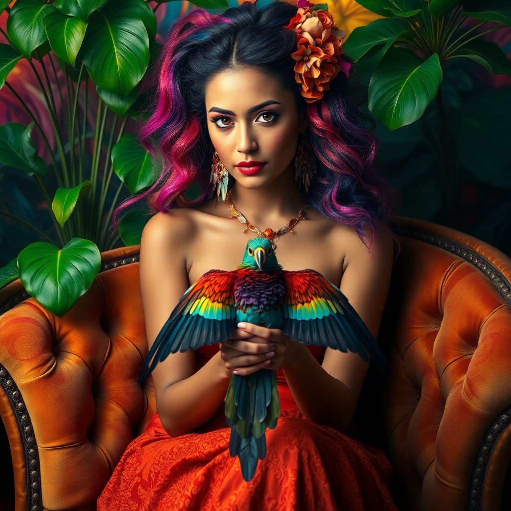 AI generated art for prompt: An alluring portrait in a surrealistic style depicts a mestiza woman with an intense gaze and cascad