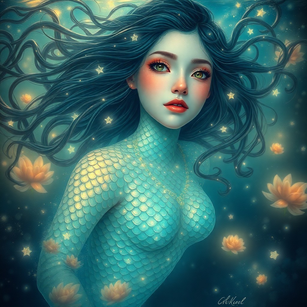 AI generated art for prompt: An enchanting portrait of an aquatic enchantress emerges from the depths, her iridescent scales shim