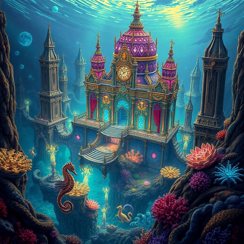 AI generated art for prompt: Craft an image depicting a grand underwater kingdom filled with mythical creatures, reminiscent of G