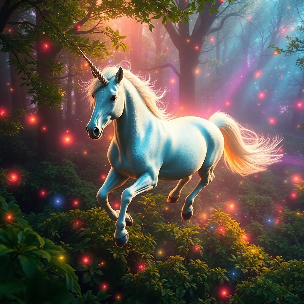 AI generated art for prompt: A surreal digital artwork portrays a majestic unicorn galloping through an enchanted forest bathed i