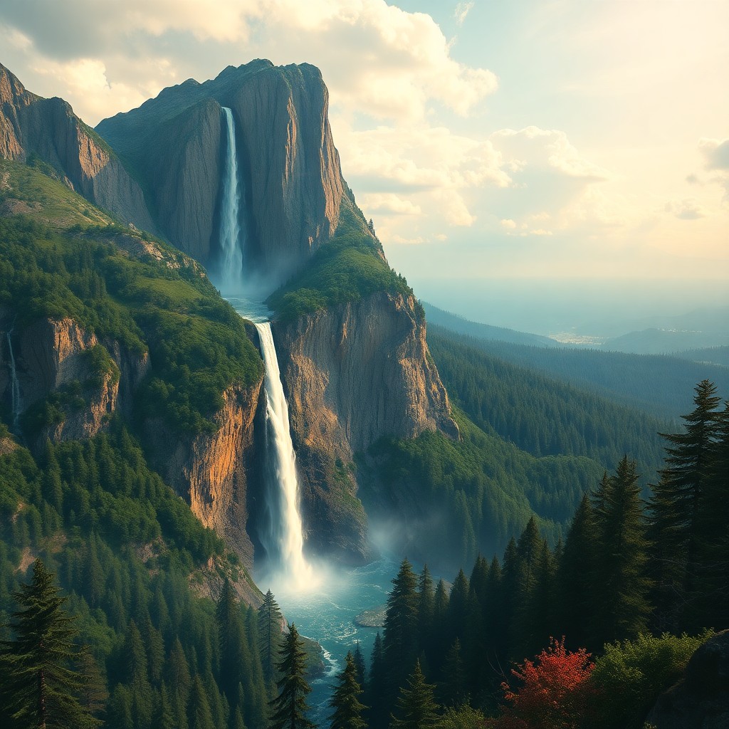 AI generated art for prompt: A surreal digital art piece showcases an expansive landscape where a grand waterfall descends from a