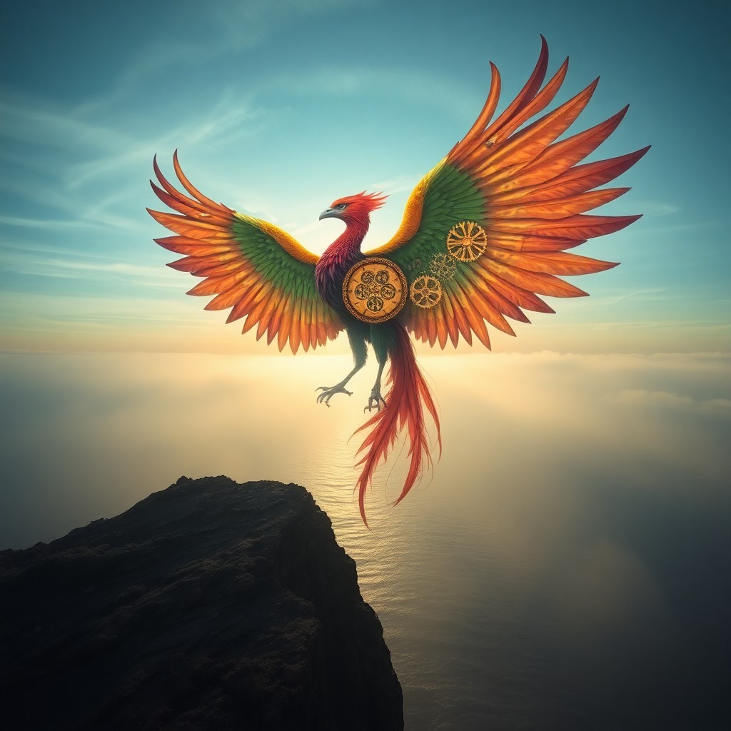 AI generated art for prompt: In a dreamlike surrealist scene, a majestic phoenix perches atop a misty cliff overlooking an expans