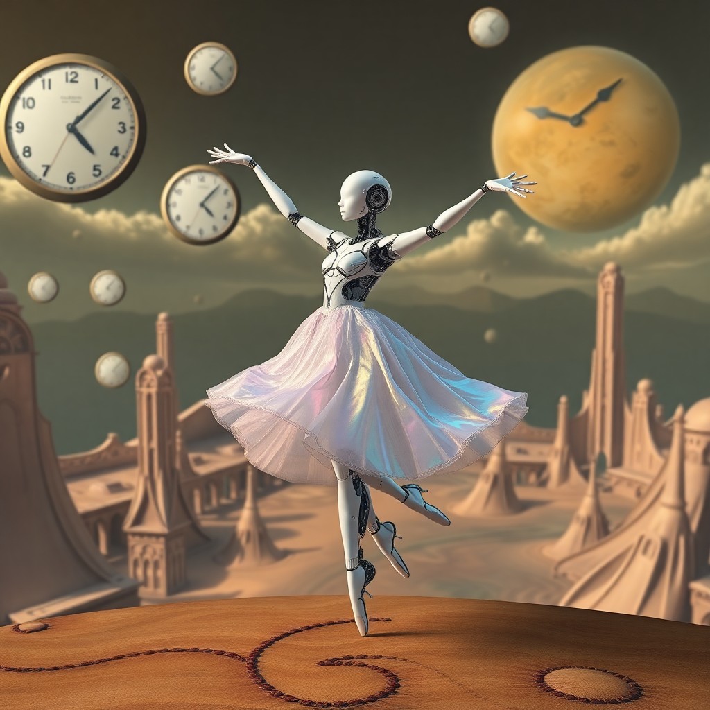 AI generated art for prompt: An android ballerina in mid-twirl stands out against a surreal backdrop, reminiscent of Dali's enigm