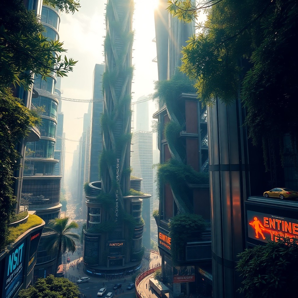 AI generated art for prompt: A futuristic cityscape with towering skyscrapers entwined by lush, organic structures reminiscent of