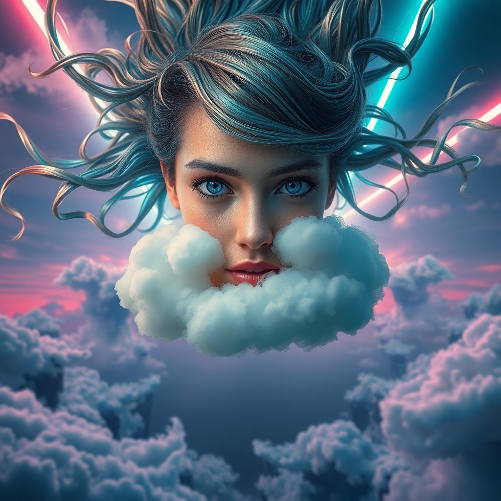 AI generated art for prompt: A portrait in the surrealist style depicts an enigmatic woman with iridescent hair ribbons flowing a