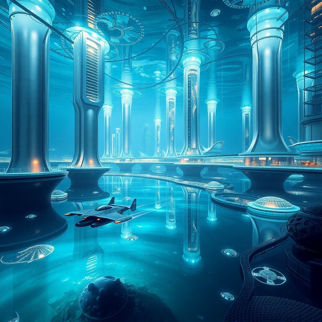 AI generated art for prompt: A futuristic underwater metropolis, reminiscent of Syd Mead's visionary designs, features elegant si