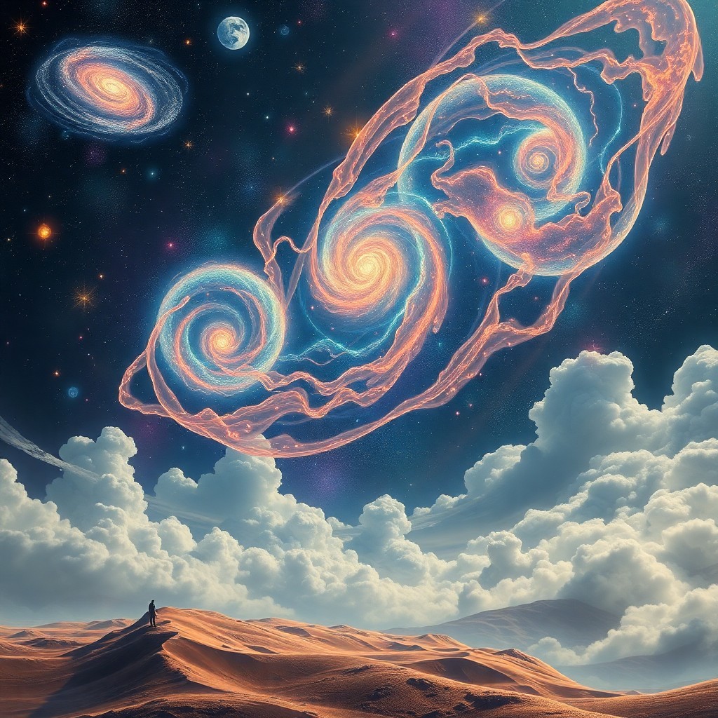 AI generated art for prompt: A mesmerizing digital artwork depicting a celestial dance, featuring cosmic entities in vivid hues -