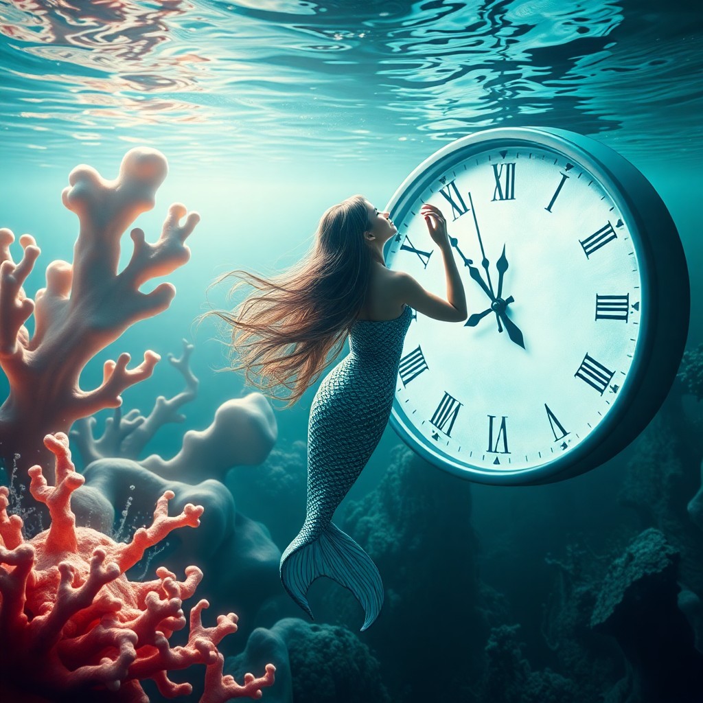 AI generated art for prompt: A surreal underwater scene features a serene mermaid floating amidst abstract, melting coral structu