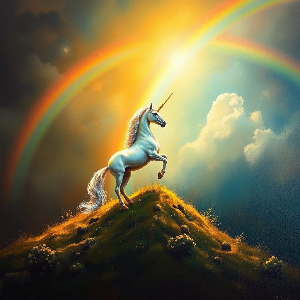 AI generated art for prompt: An oil painting masterpiece, showcasing an enchanting mythical scene where a regal unicorn stands at