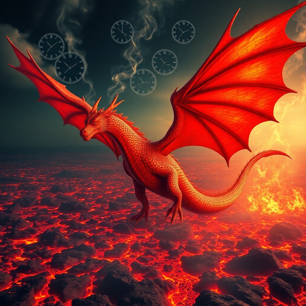 AI generated art for prompt: Imagine a surreal, dreamlike landscape where an awe-inspiring, fiery red dragon with shimmering scal